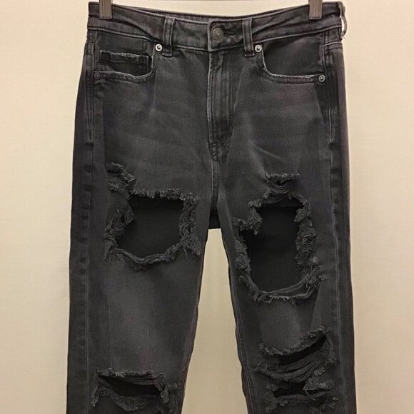 American Eagle 4 Mom Jeans Women’s High Rise Washed Black Distressed Ripped - Picture 3 of 10